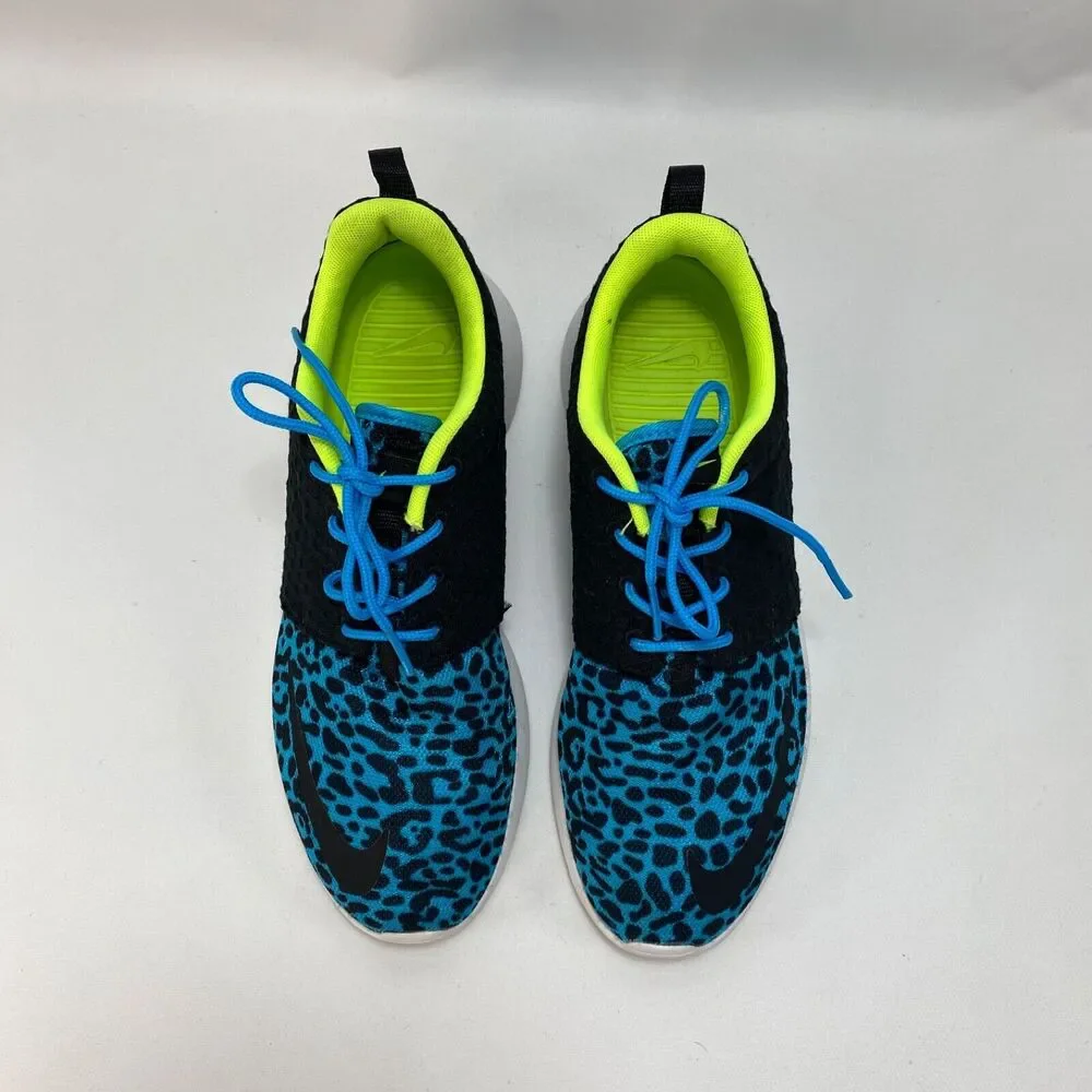 Nike Roshe Run Sneakers Womens 8 Black Current Blue Leopard Running Workout Gym